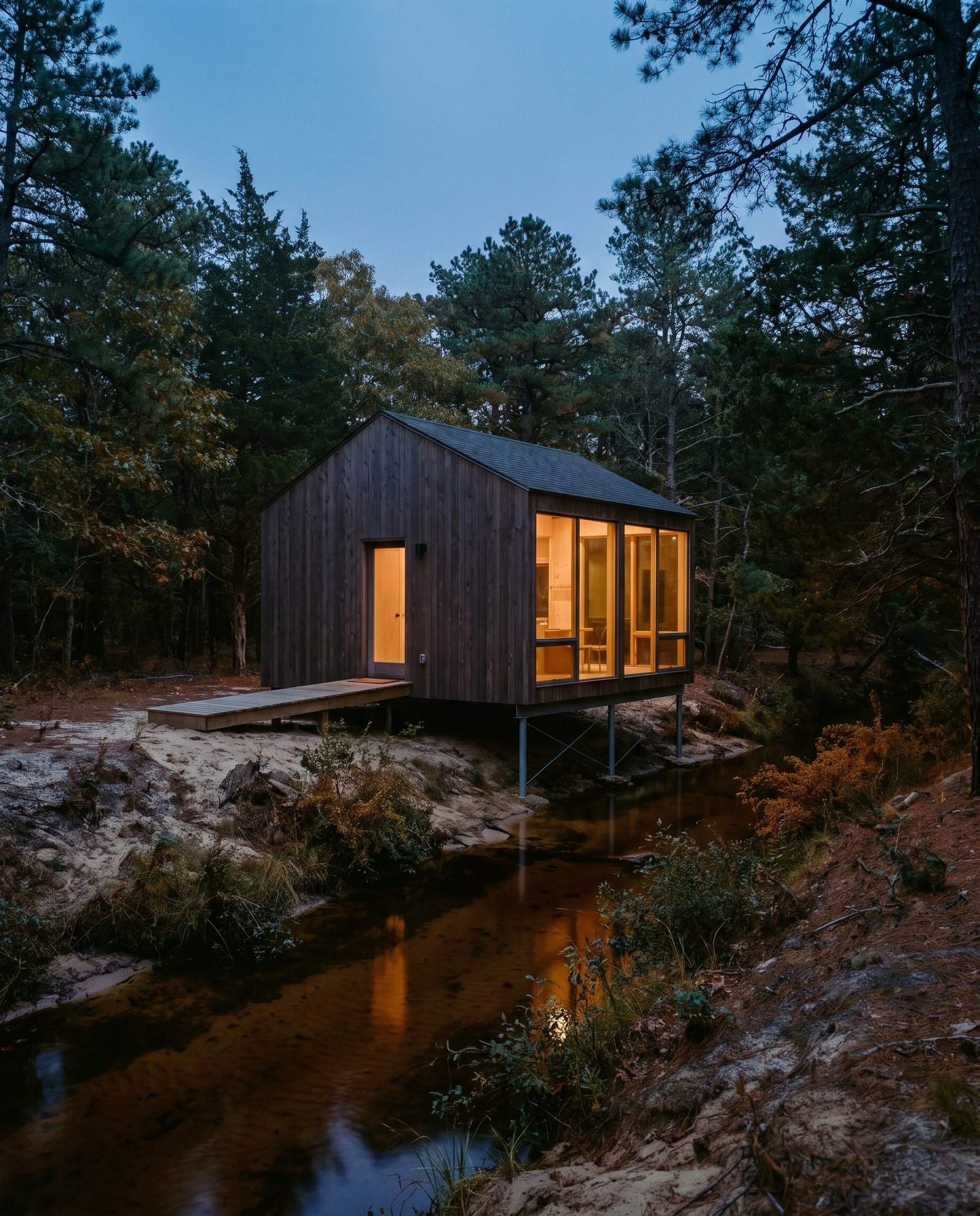 Streamside. Elevated over moving water, sited into the cedar edge.
