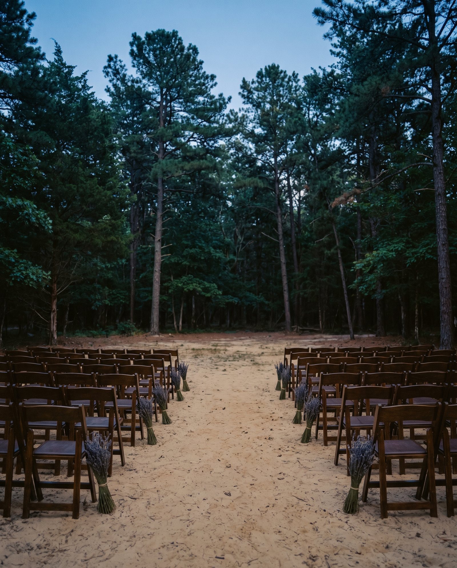 The ceremony clearing. A natural opening in the pines, with no permanent structure in it.