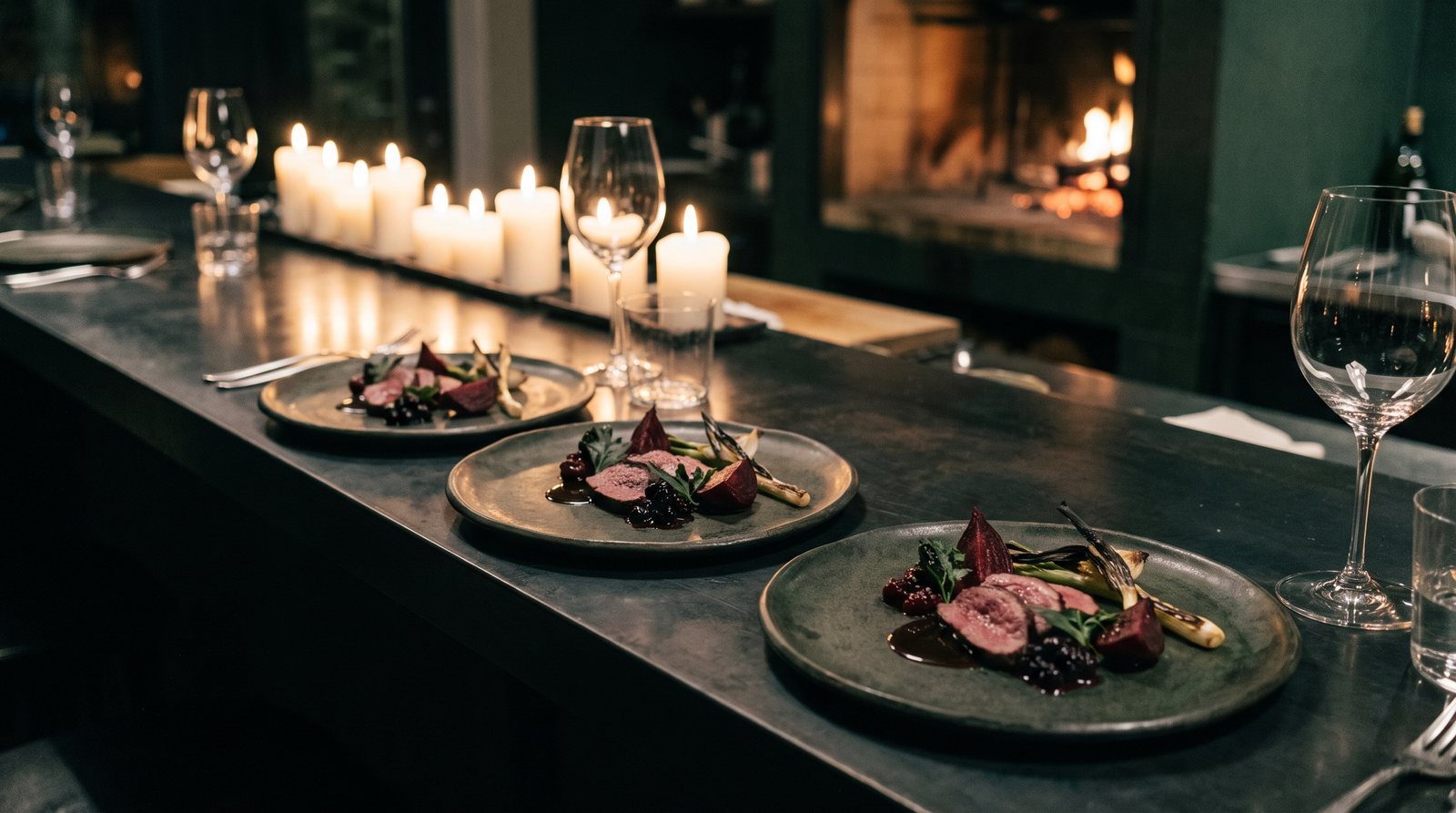 The counter at service. Three plates, three courses, the fire kitchen working behind them.