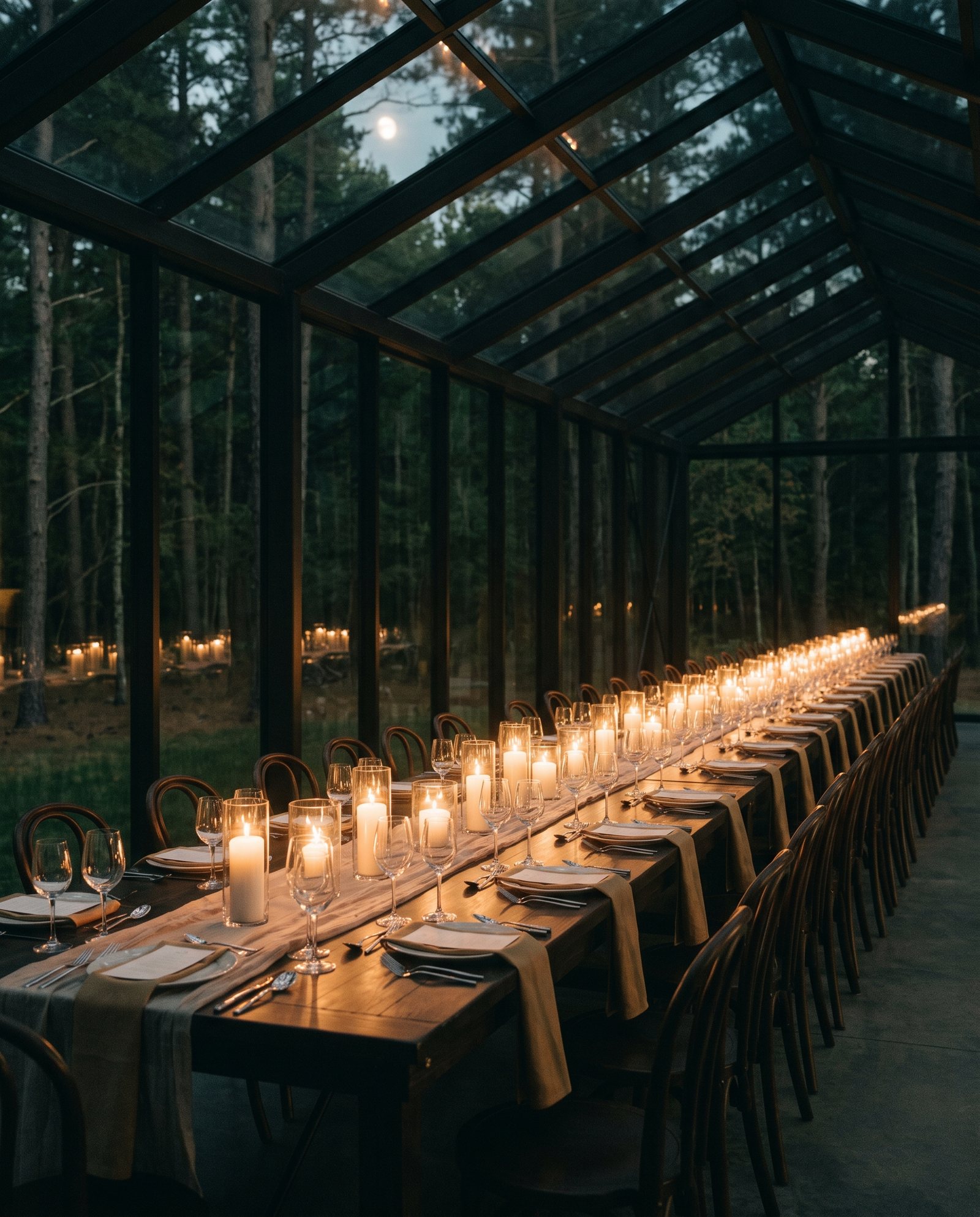 The greenhouse at dinner. Thirty seats, one table, changing with the season.