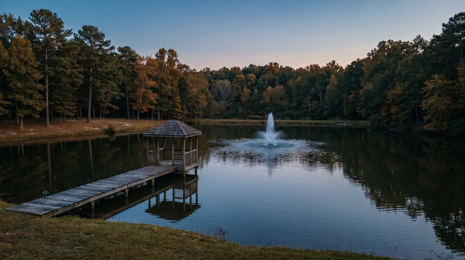 Water that is already there. A stocked pond, a dock, and a gazebo at the end of it.