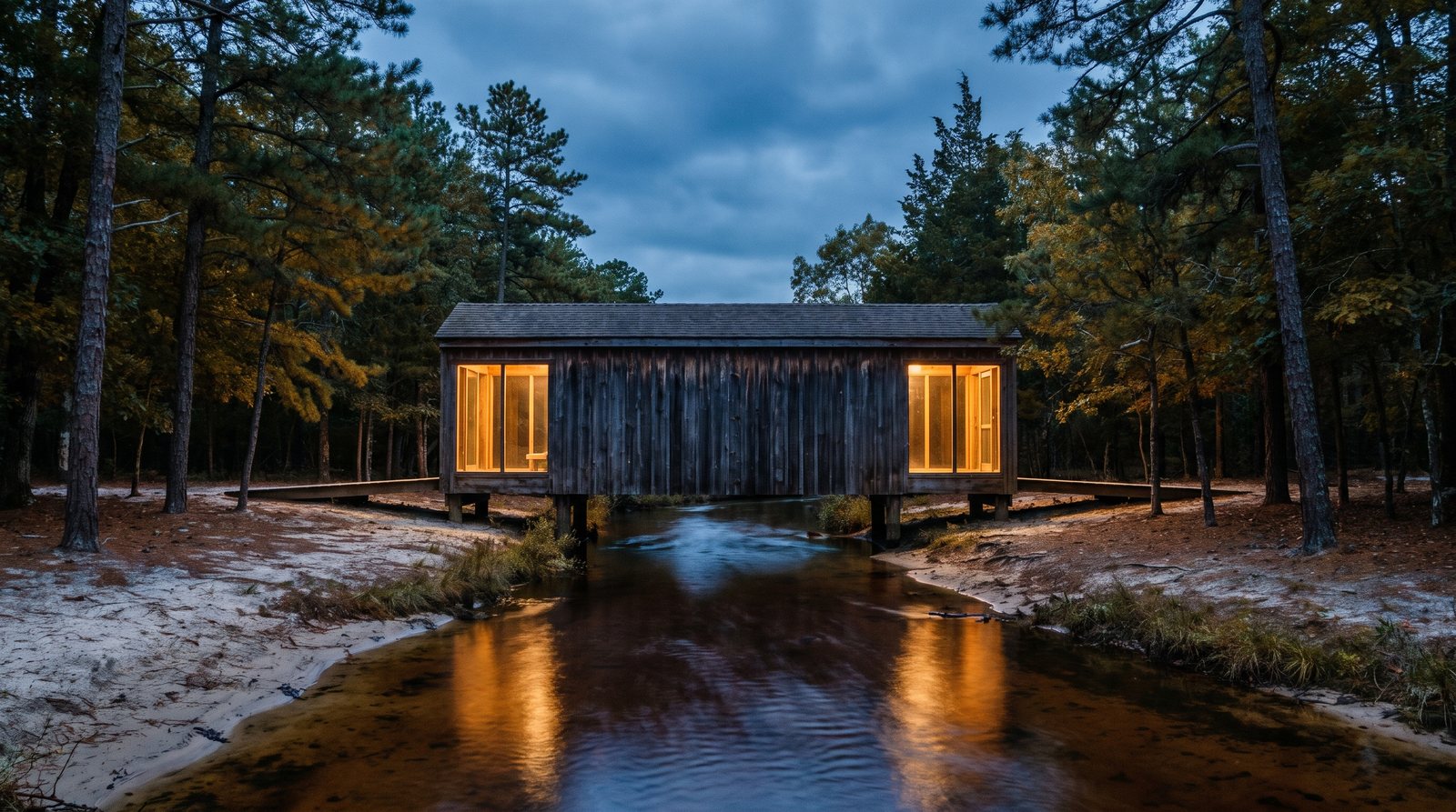 Spans the cedar stream bank to bank. It is the bridge and the house at once.