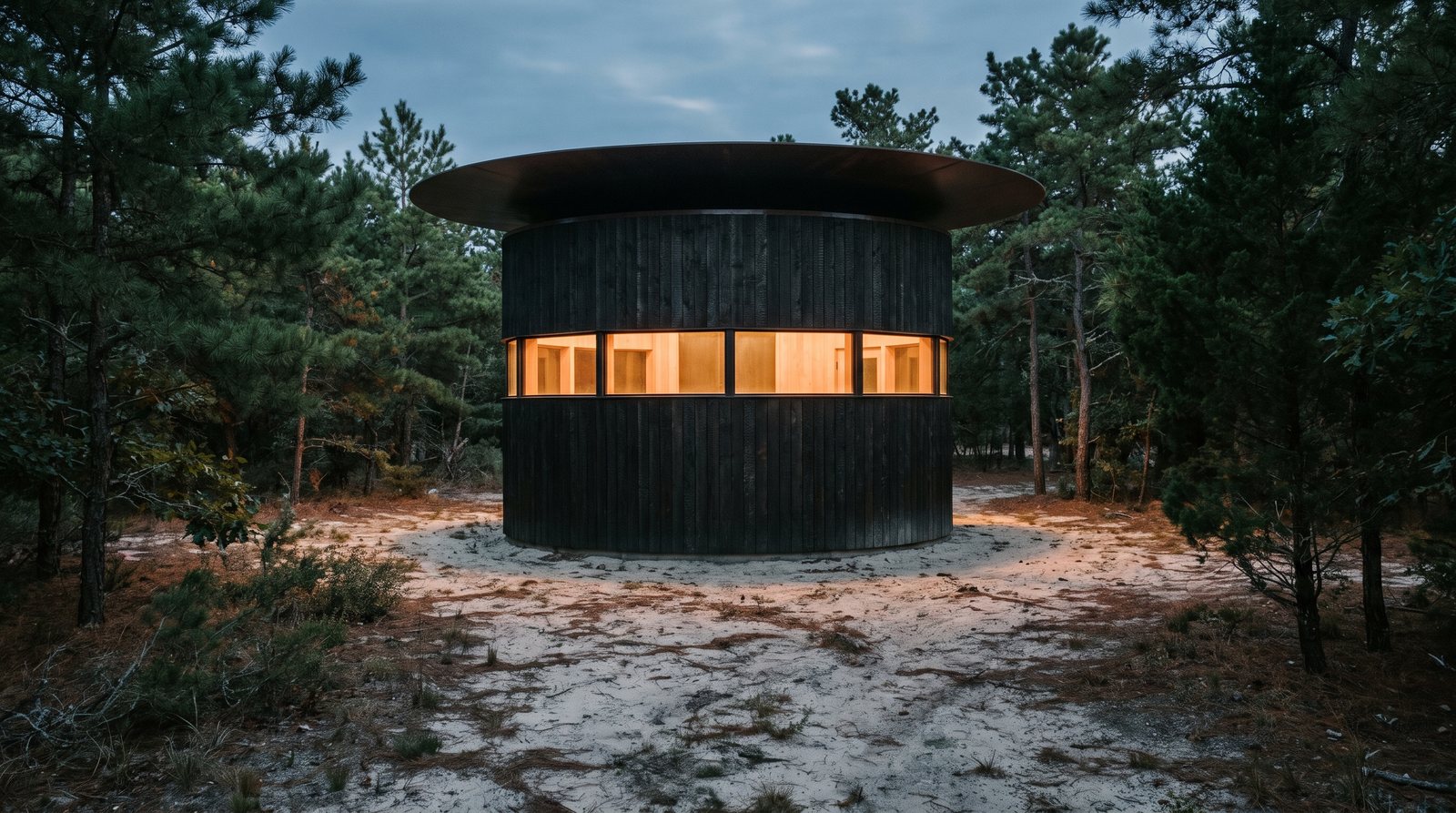 A charred timber cylinder under a floating roof disc, with one unbroken band of glass.