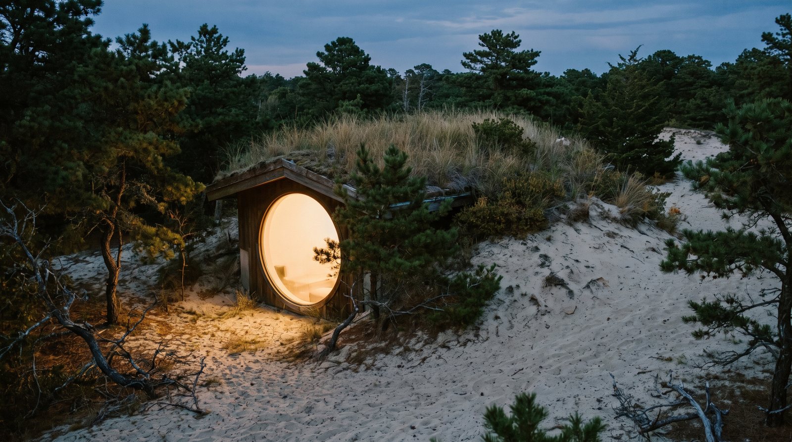 Set into a sand rise under a living roof, with one enormous circular window.