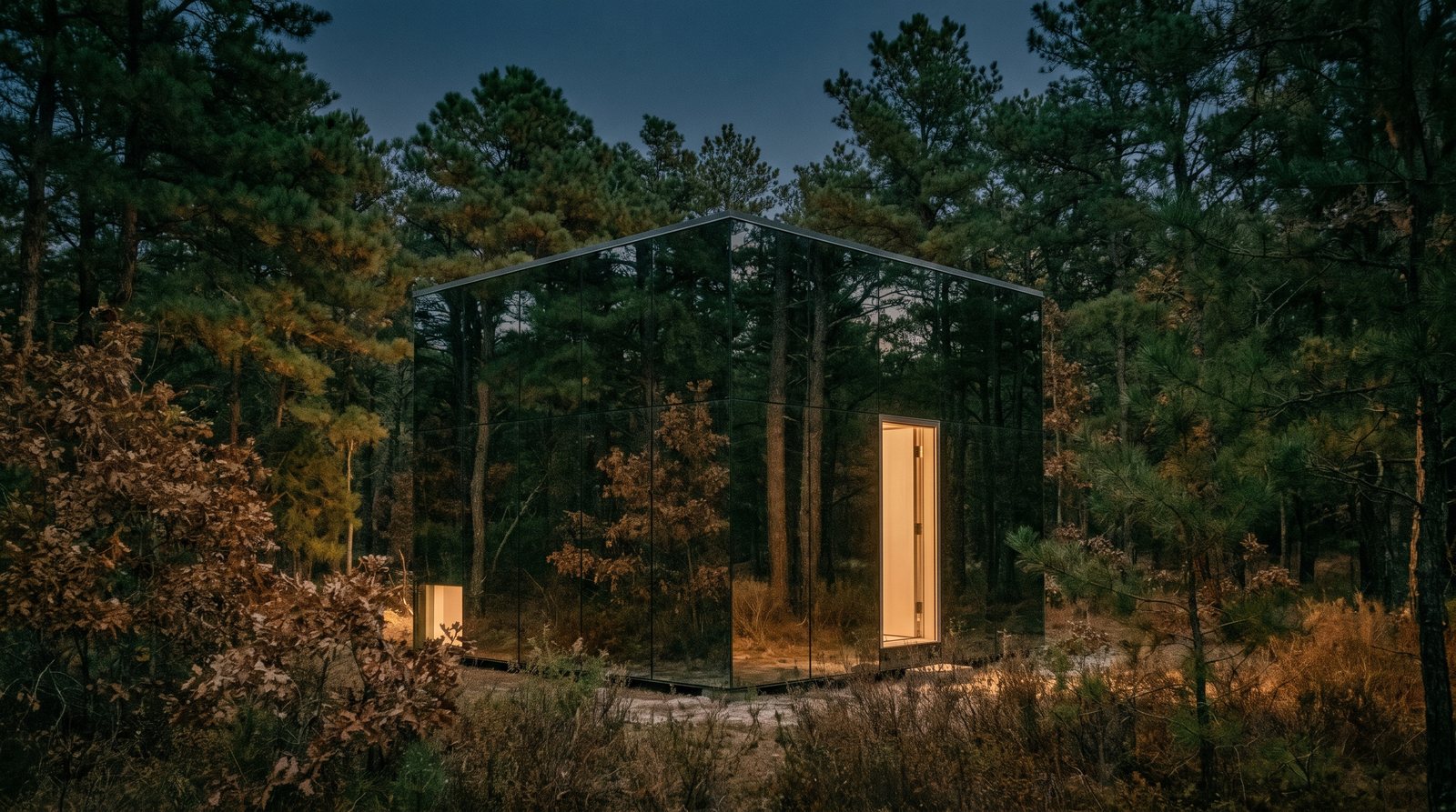 Four mirrored walls holding the forest, so the building very nearly is not there.