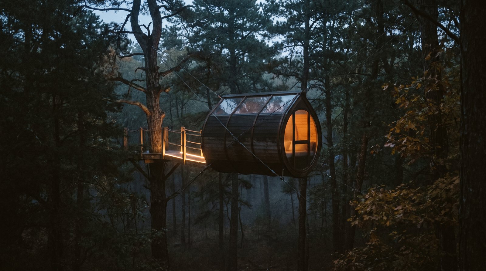 Hung in the canopy on cables, reached by a lit walkway, clear of the ground entirely.