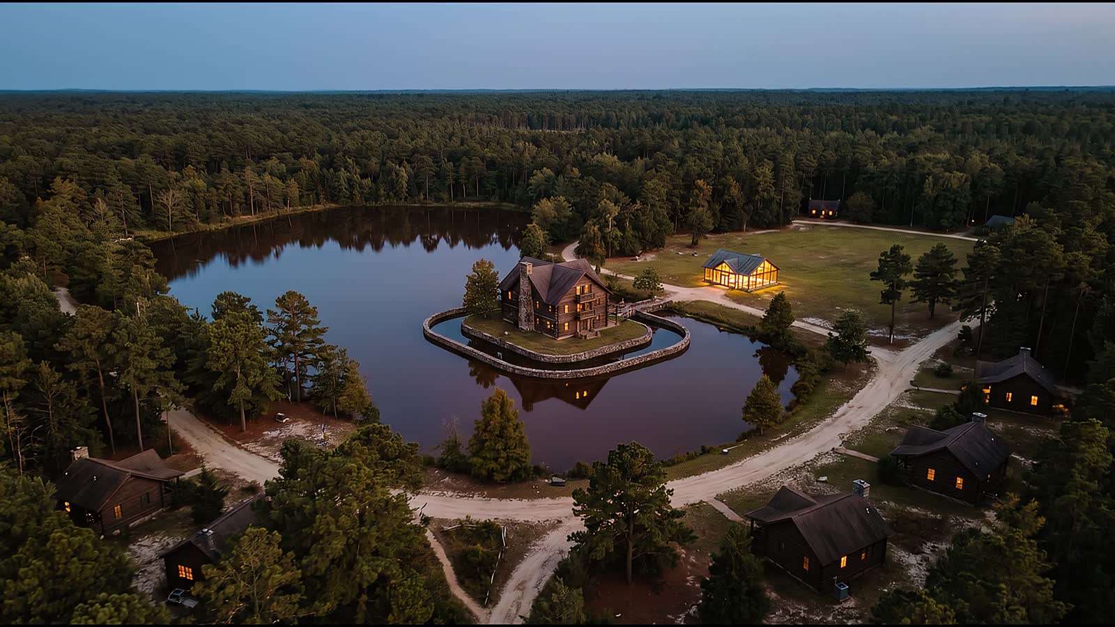 The property at full build, from four hundred feet. Roughly a decade out.