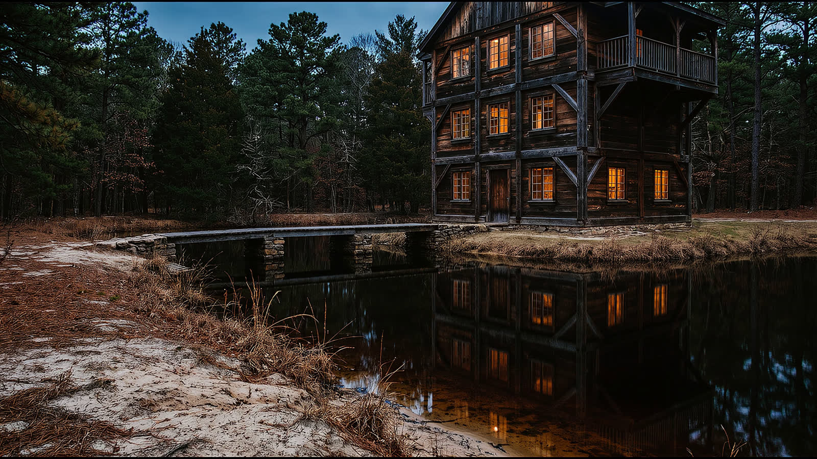 The Grand Cabin over the moat, with the crossing. Three levels: gathering below, reception above, a private suite floor at the top.