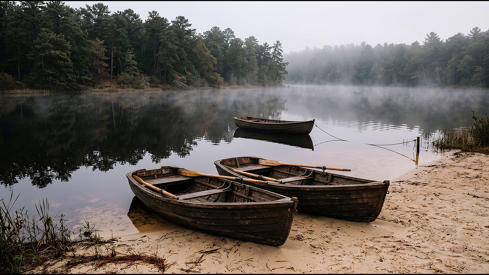 Boats on the lake at first light. Mist on the water and nobody else on it.