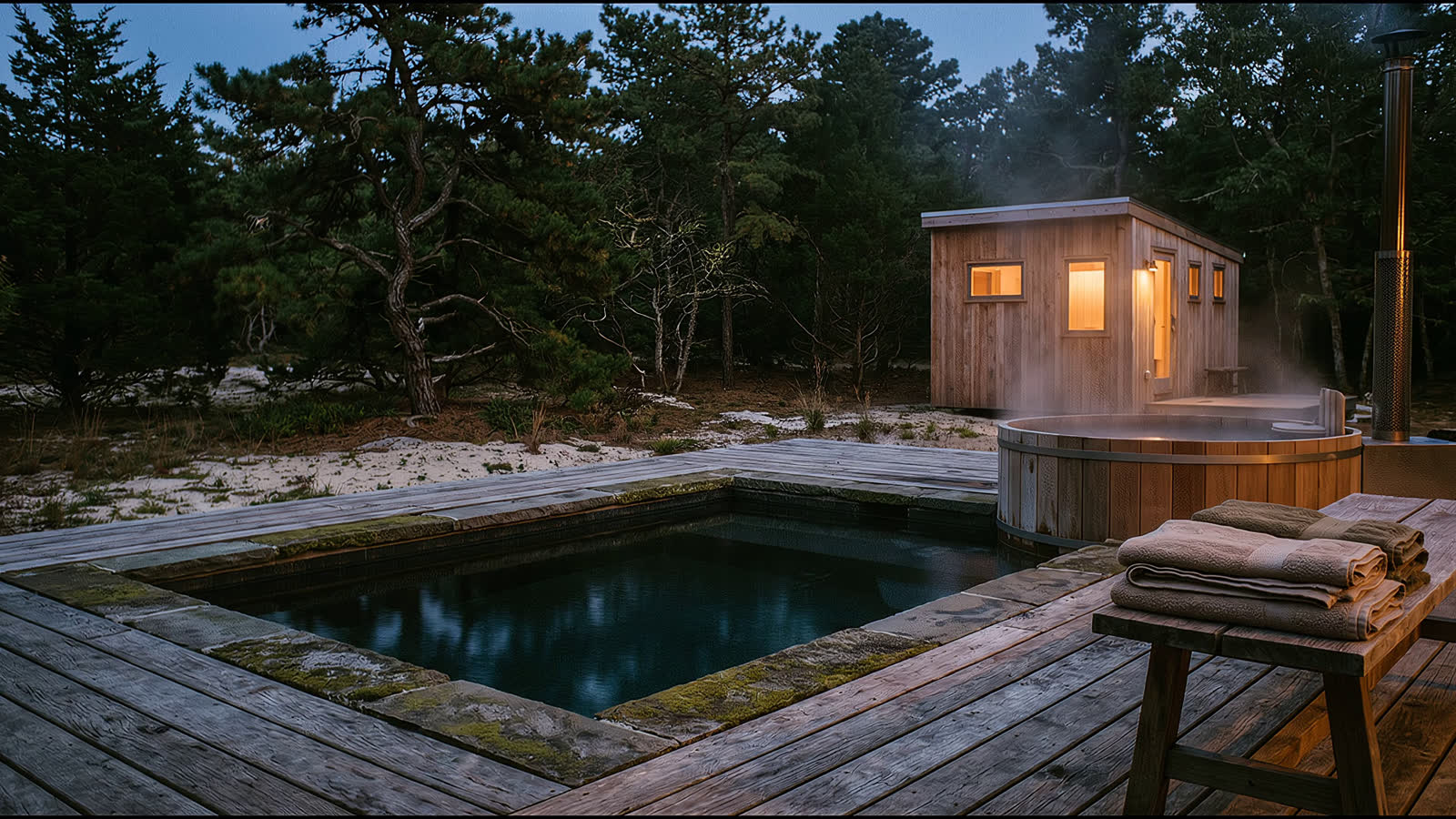 The forest spa. Sauna, steam and a cold plunge, with the cedar bath going beside it.