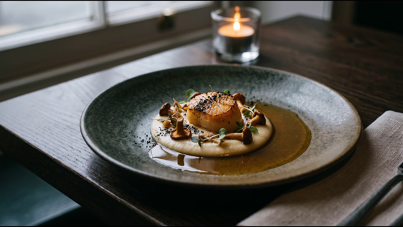 Scallop, celeriac, wild mushroom, a jus poured to a line. One course of several.